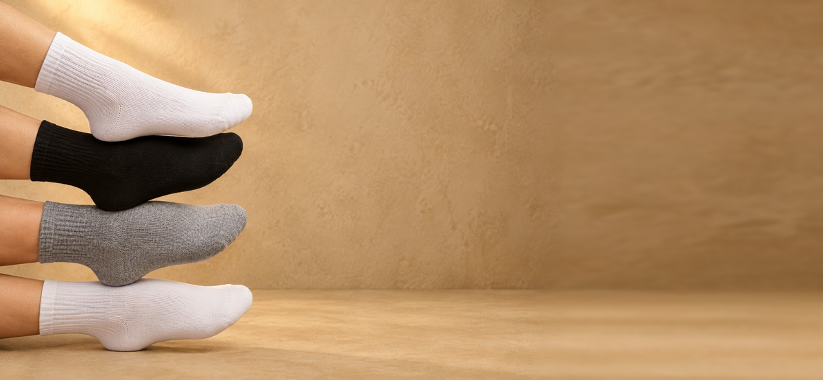 SoxReal cushioned crew socks — stacked feet hero banner